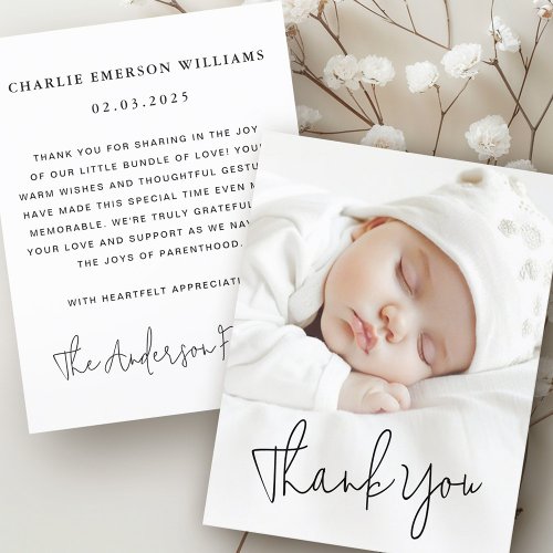 Modern script baby announcement photo thank you