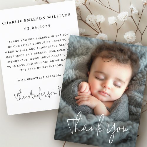 Modern script baby announcement photo thank you