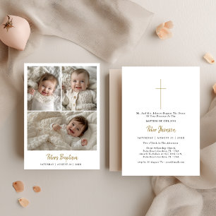 Modern Script Baby Boy Or Girl Three Photo Baptism Invitation