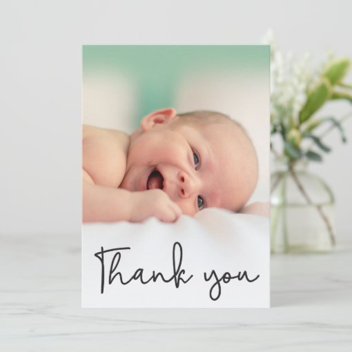 Modern Script Baby Boy Photo birth Thank you Announcement | Zazzle