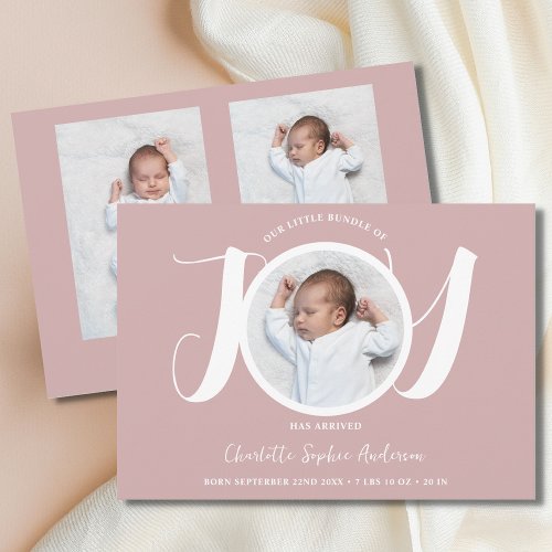 Modern Script Baby Girl Three Photo Pink Birth  Announcement