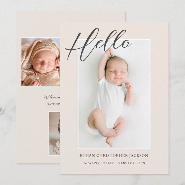 Modern Script Baby Photo Birth Announcement (Front/Back)