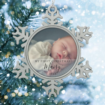 Modern Script Baby Photo First Christmas Snowflake Pewter Christmas Ornament by thisisnotmedesigns at Zazzle