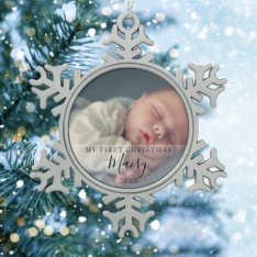Modern Script Baby Photo First Christmas Snowflake Pewter Christmas Ornament at Zazzle