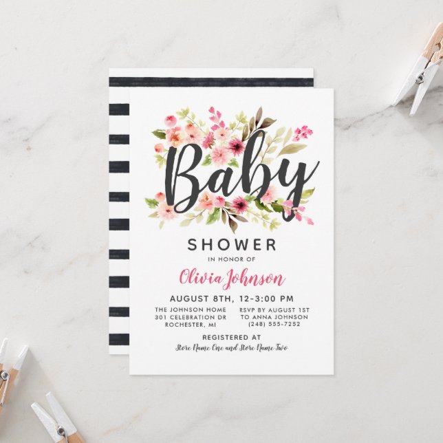 Modern Script Baby Pink Floral Girl Shower Invitation (Front/Back In Situ)