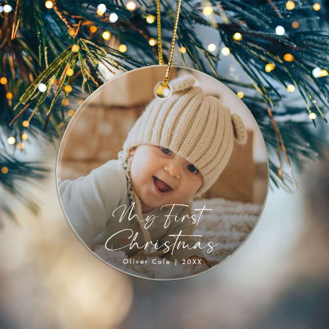 Modern Script Baby’s First Christmas Photo Ceramic Ornament (Creator Uploaded)