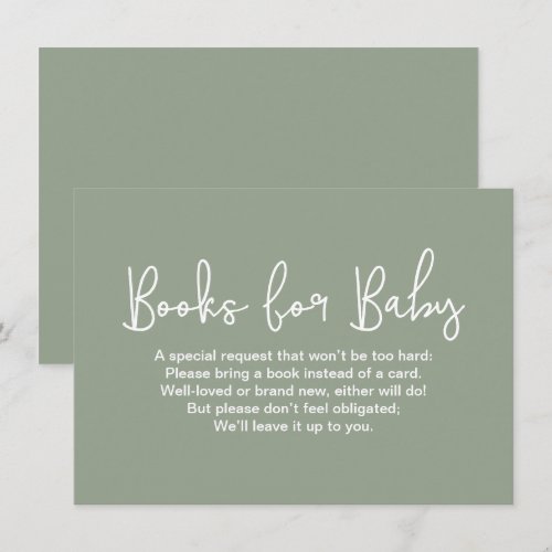 Modern Script Baby shower Book Request Sage Green Enclosure Card