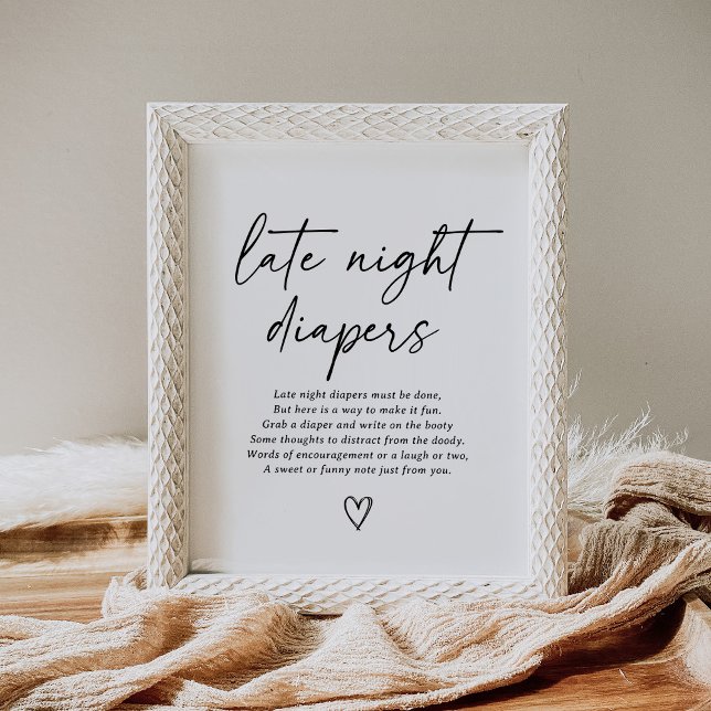 Modern Script Baby Shower Late Night Diapers Sign (Creator Uploaded)