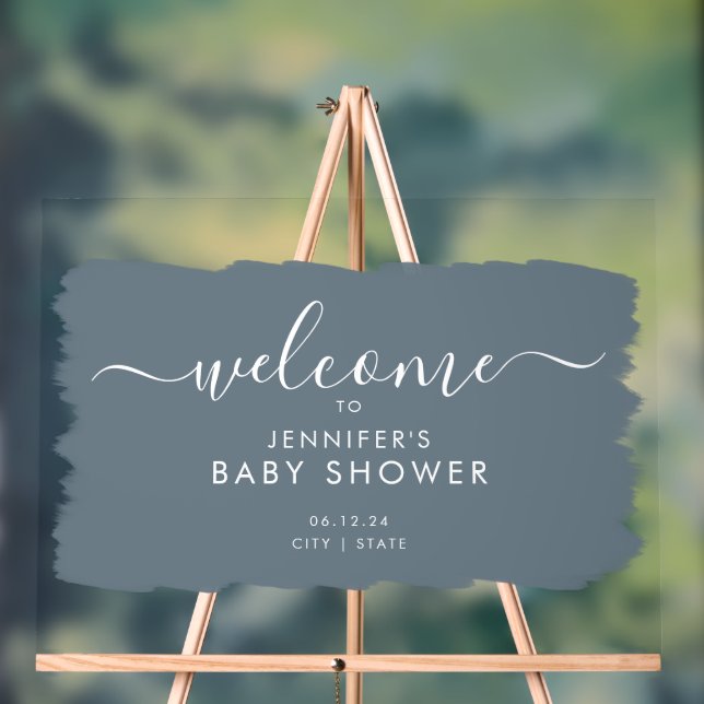 Modern Script Baby Shower Welcome Paint Dusty Blue Acrylic Sign (Neutral)