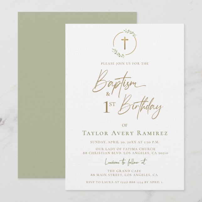 Modern Script Baptism and 1st Birthday Green Gold  Invitation (Front/Back)