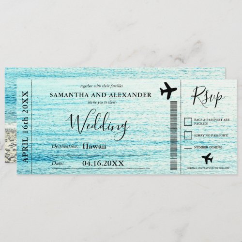 Modern script beach plane boarding pass wedding invitation