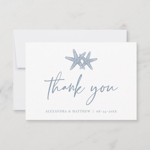 Modern Script Beach Starfish Dusty Blue Wedding Thank You Card