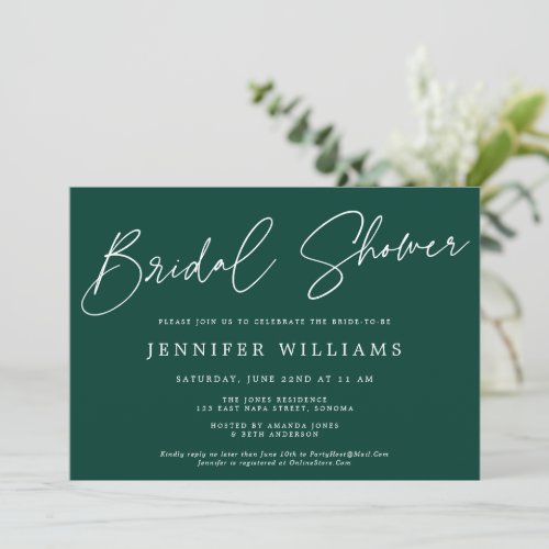 Modern Script Beautiful Dark Green Bridal Shower Invitation