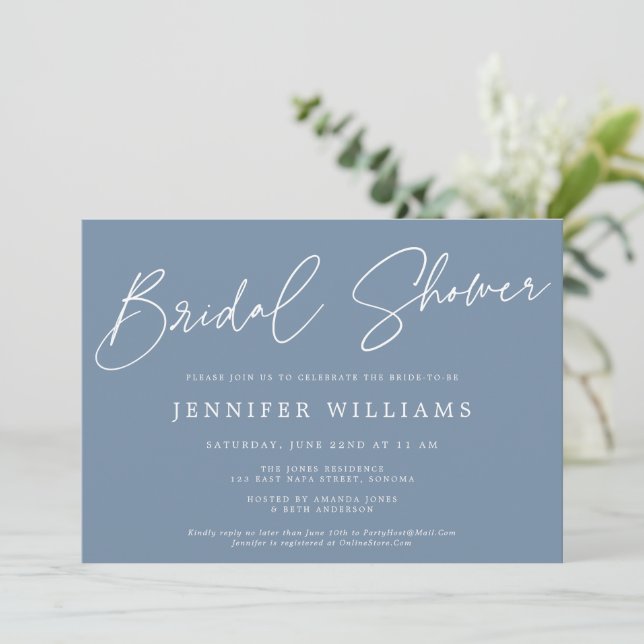 Modern Script Beautiful Dusty Blue Bridal Shower Invitation (Standing Front)