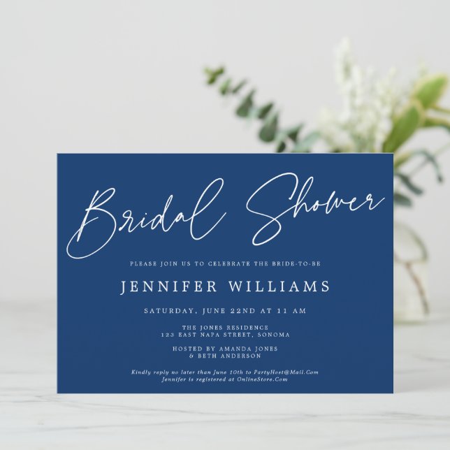 Modern Script Beautiful Navy Blue Bridal Shower Invitation (Standing Front)
