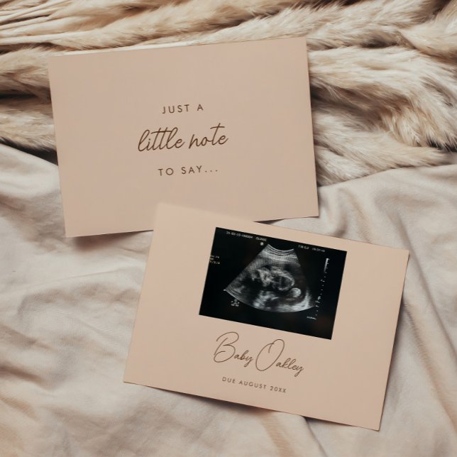 Modern Script Beige "Just A Little Note" Pregnancy Announcement (Creator Uploaded)