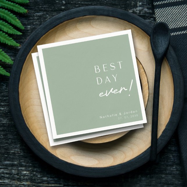 Modern Script Best Day Ever Sage Green Wedding Napkins (Contemporary Designs Couples Modern Chic Wedding  Napkins)