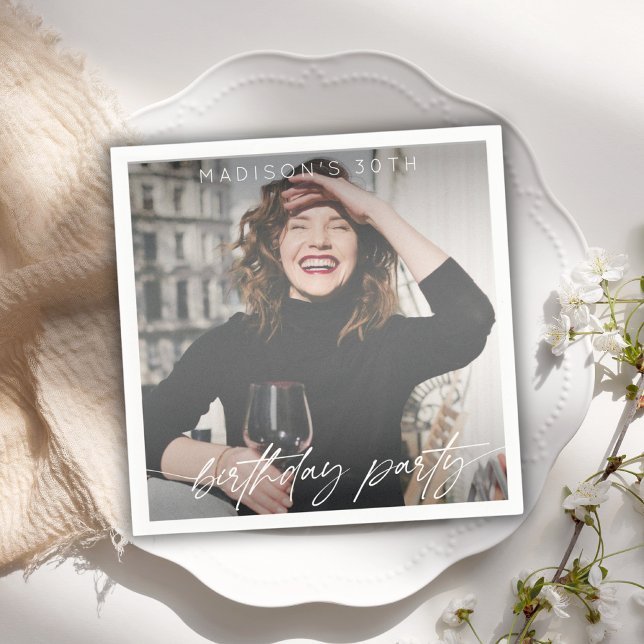 Modern Script Birthday Party Photo  Napkins (Creator Uploaded)