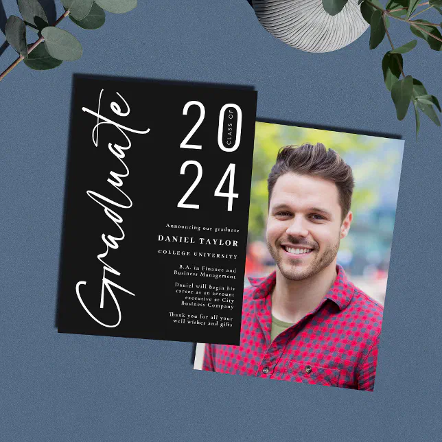 Modern Script Black 2024 Photo Graduation Announcement | Zazzle