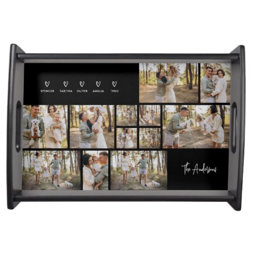 Modern script black 5 family photo collage gift serving tray