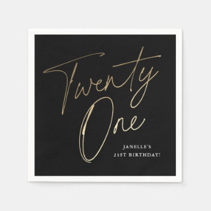Modern Script Black and Gold 21st Birthday Party Napkins