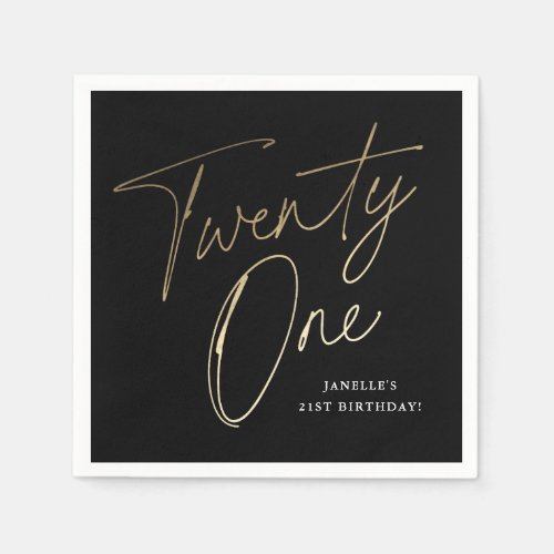 Modern Script Black and Gold 21st Birthday Party Napkins