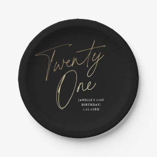 Modern Script Black and Gold 21st Birthday Party Paper Plates