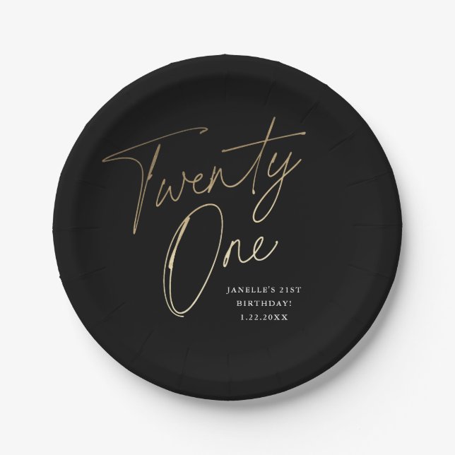Modern Script Black and Gold 21st Birthday Party Paper Plates (Front)