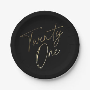 Modern Script Black and Gold 21st Birthday Party Paper Plates