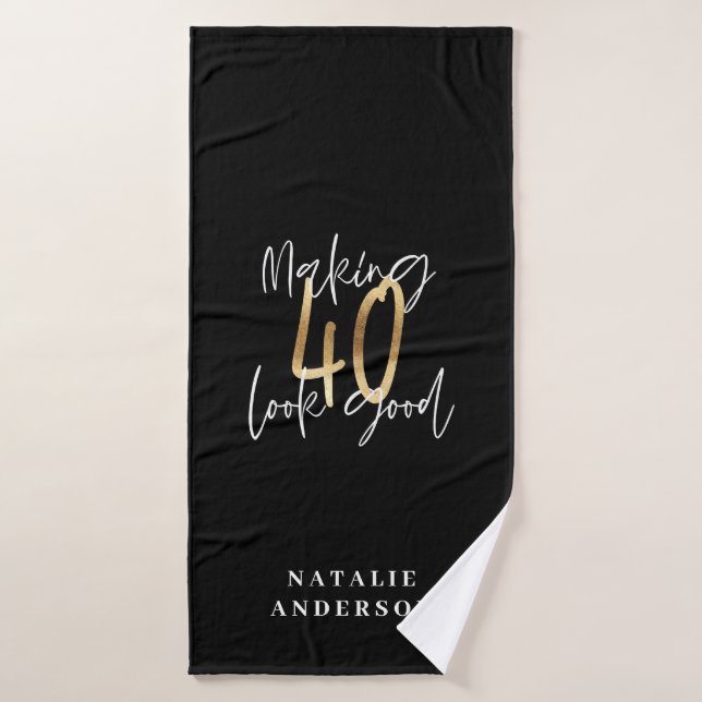Modern script black and gold 40th birthday bath towel (Bath Towel)