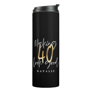 Modern script black and gold 40th birthday thermal tumbler