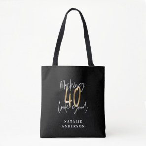 Modern script black and gold 40th birthday tote bag