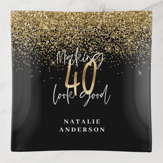 Modern script black and gold 40th birthday  trinket tray (Front)