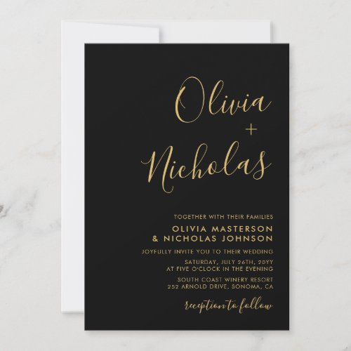 Modern Script Black and Gold Monogram Wedding Invitation