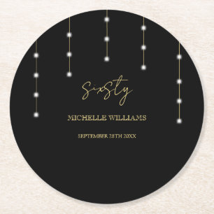Modern Script Black And Gold Party Round Paper Coaster