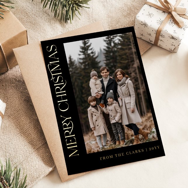 Modern Script Black and Gold Photo Christmas  Foil Holiday Postcard (Creator Uploaded)