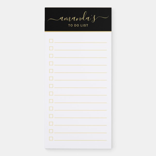 Modern Script Black and Gold To Do List Magnetic N Magnetic Notepad (Front)