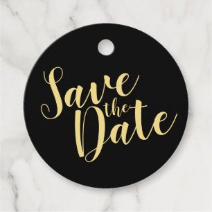 Modern Script Black and Gold Wedding Save the Date Favor Tags