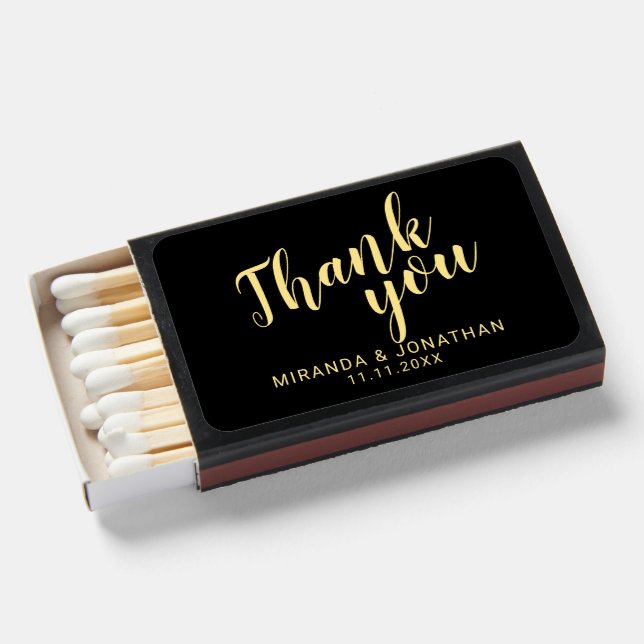 Modern Script Black and Gold Wedding Thank You Matchboxes (Front Open)
