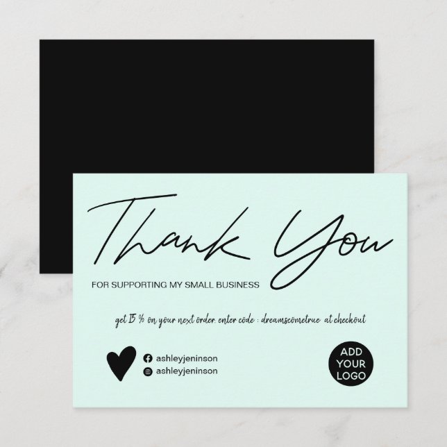 Modern script black and teal order thank you card (Front/Back)