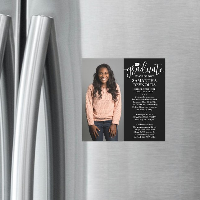 Modern Script Black and White 1 Photo Graduation Magnetic Invitation (Creator Uploaded)