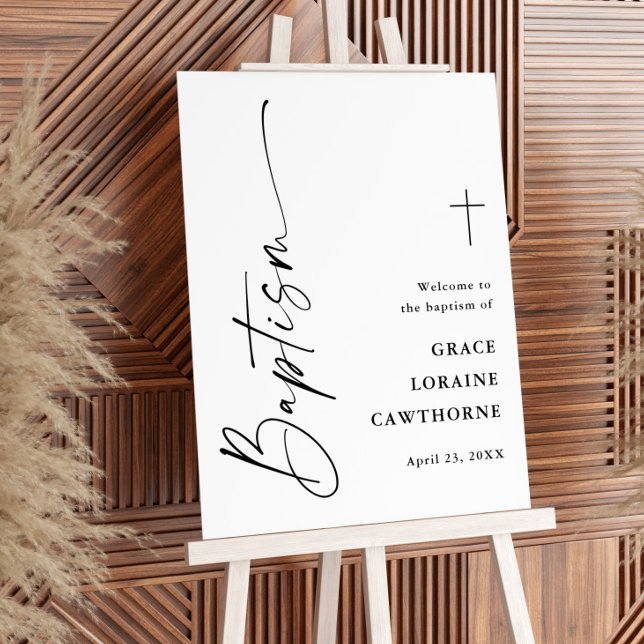 Modern Script Black and White Baptism Welcome Foam Board (Modern script baptism welcome easel sign.)