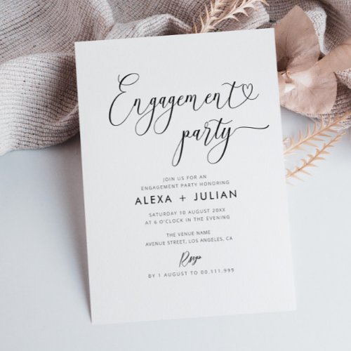 Modern script black and white engagement party invitation