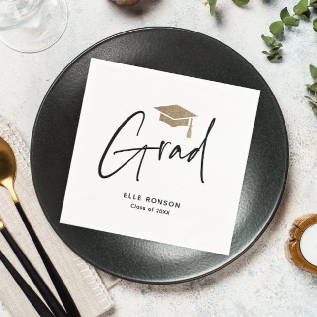 Modern Script Black and White Graduation  Napkins (Modern Grad script black and white graduation party napkins.)