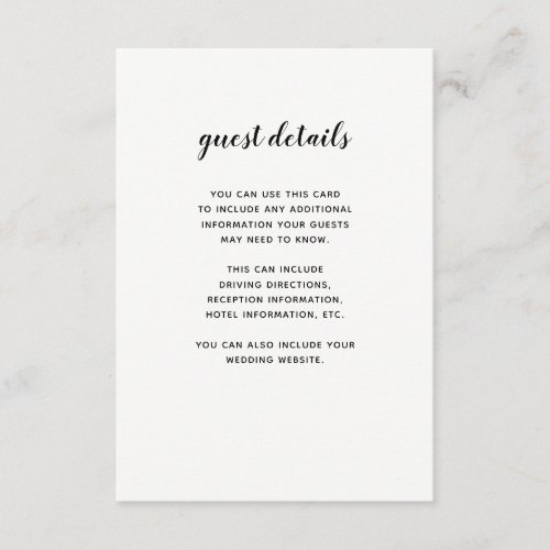 Modern Script Black and White  Guest Information Enclosure Card