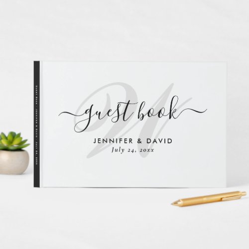 Modern Script Black and White Monogram Wedding Guest Book