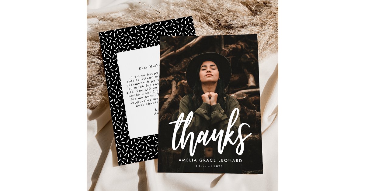 Modern Script Black and White Photo Graduation Thank You Card | Zazzle