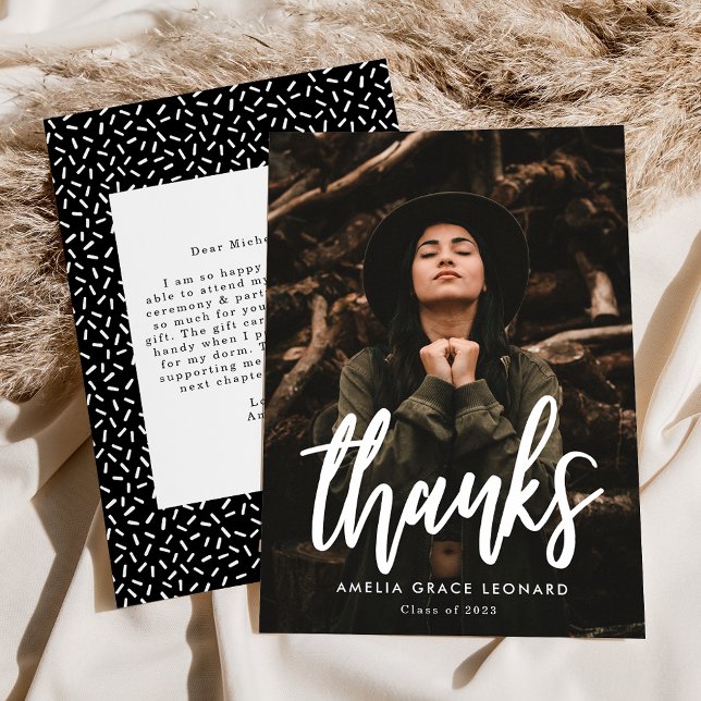 Modern Script Black and White Photo Graduation Thank You Card (Creator Uploaded)