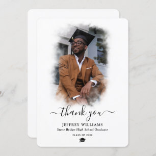Modern Script Black and White Photo Graduation Thank You Card