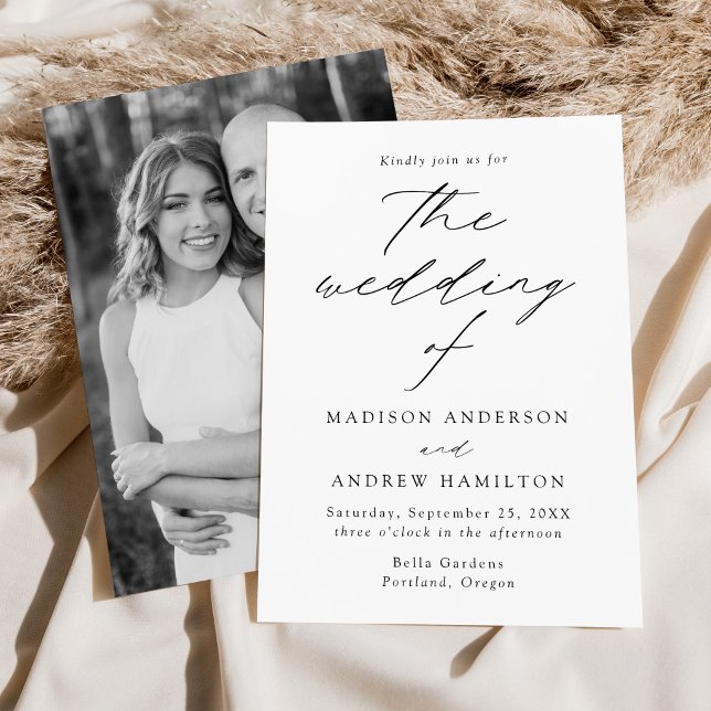Modern Script Black and White Photo Wedding Invitation (Creator Uploaded)